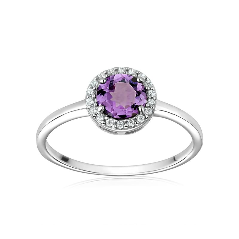 Amethyst Round Halo CZ Ring in Sterling Silver - Click Image to Close